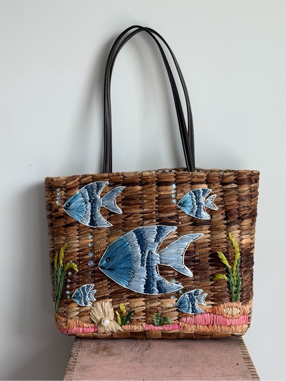 Woven Fish Appliqué Tote Bag in Brown and Blue